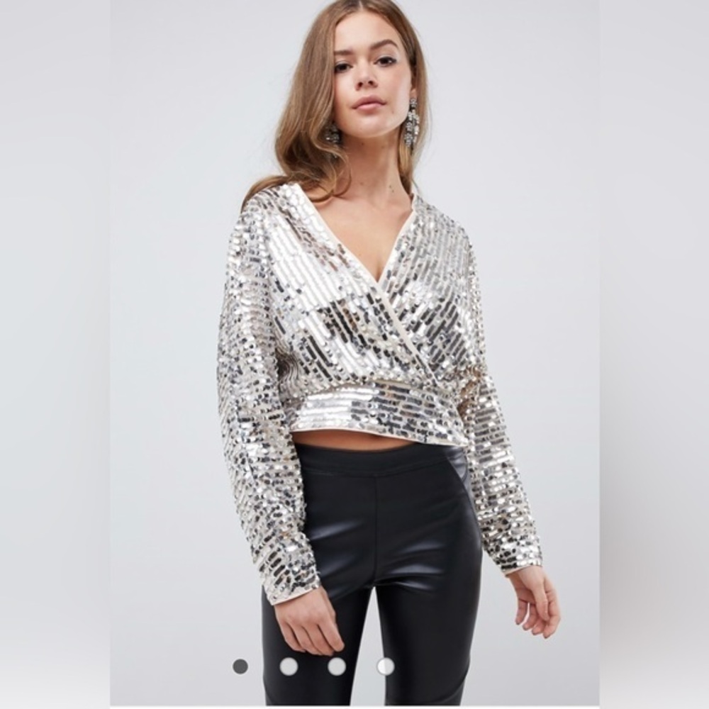 ASOS DESIGN long sleeve batwing sequin wrap top‎ Women’s Size 10 - Picture 1 of 8
